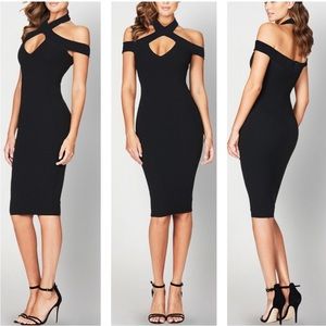Nookie Black Cold-Shoulder Midi Dress with Keyhole Neckline